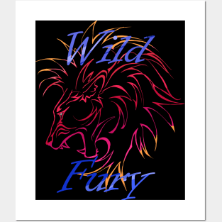 Lion Wild Fury contours red blue Posters and Art